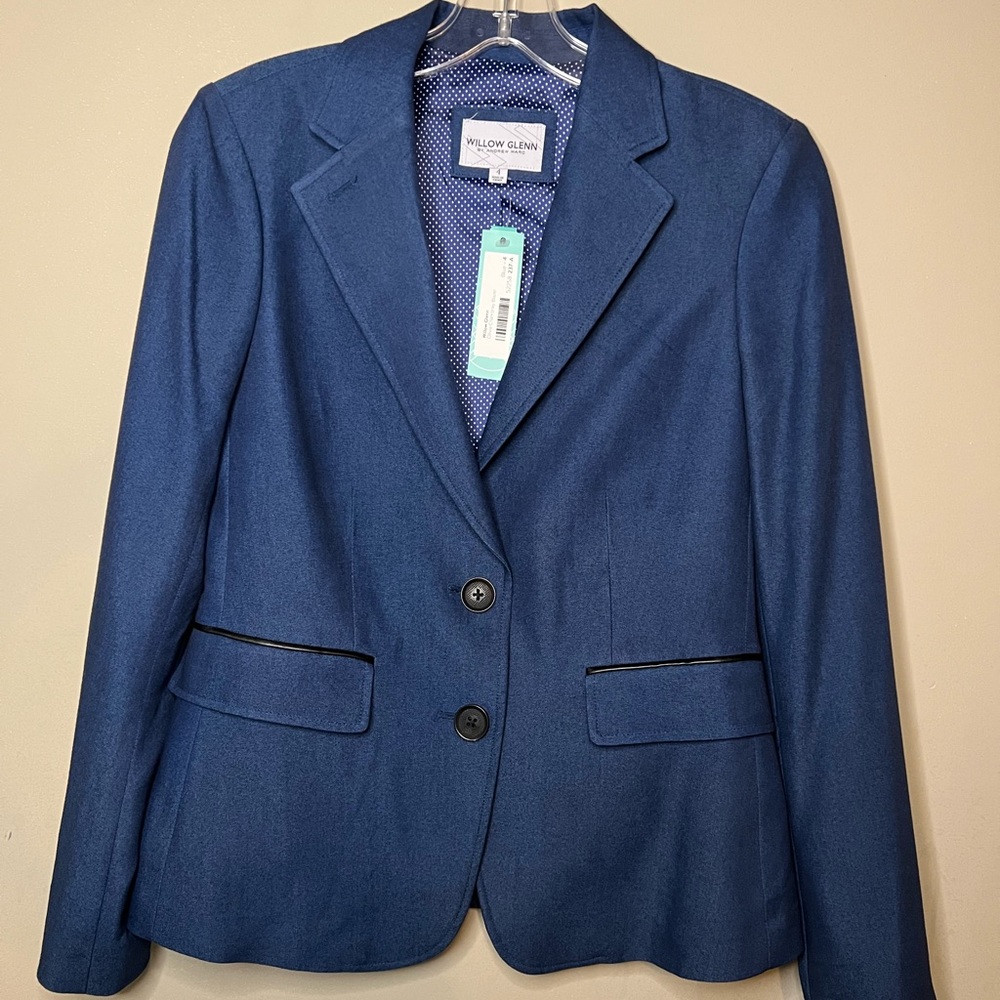 NWT Chambray blazer with black vegan leather piping detail on pocket